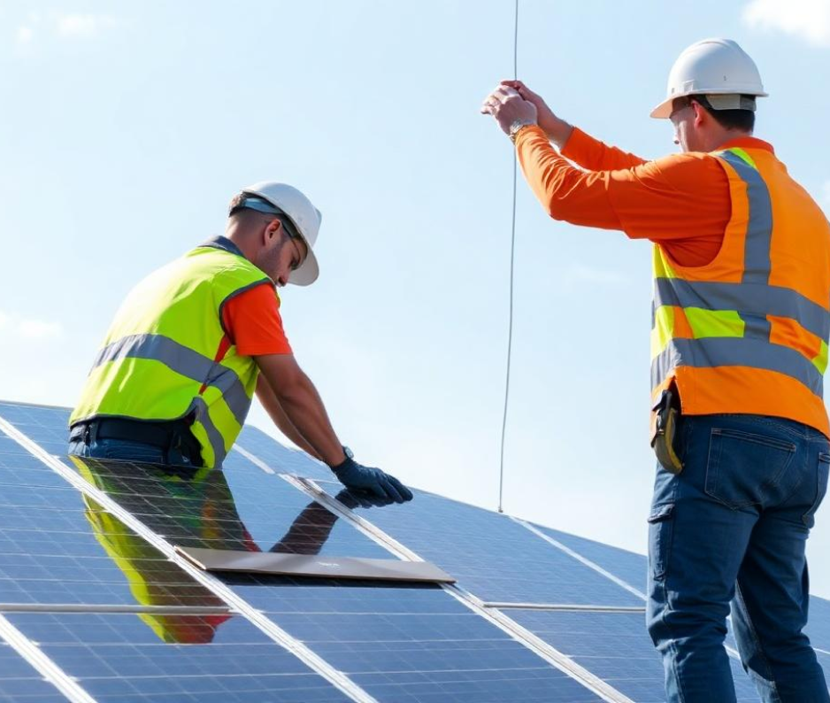 Two workers installing solar panels on a roof.