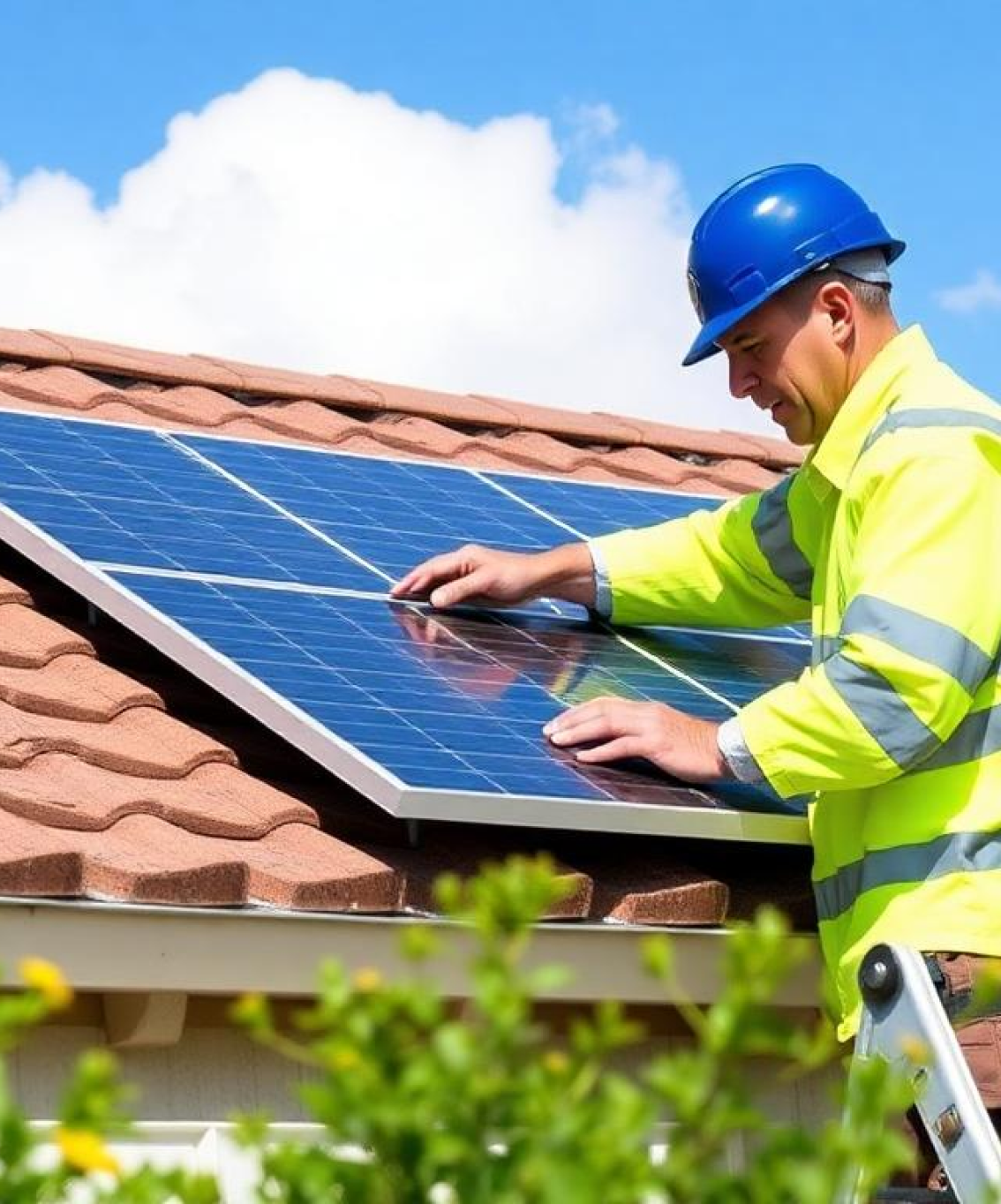 A solar panel installer working on a roof with solar panels