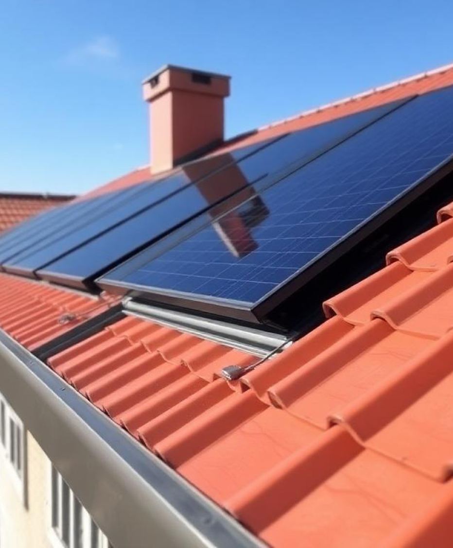 Solar panels installed on a residential roof under a clear blue sky